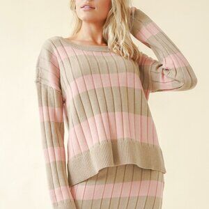 HEM & THREAD Tan & Pink Striped Ribbed Knit Sweater  Cozy Long Sleeve Pullover